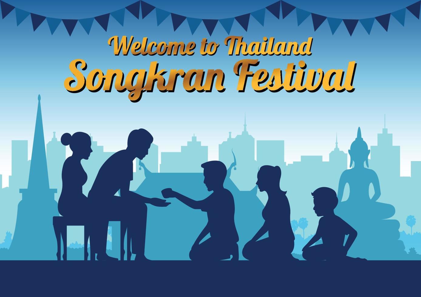father mother and child pour water to grandparents to pay respect and bless in Song kran day famous festival of Thailand Loas Myanmar and Cambodia,new year,silhouette design vector