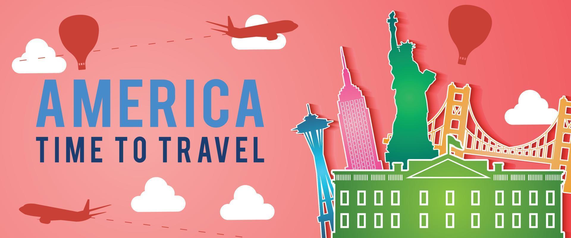 red banner of united state of america famous landmark silhouette colorful style,plane and balloon fly around with cloud vector