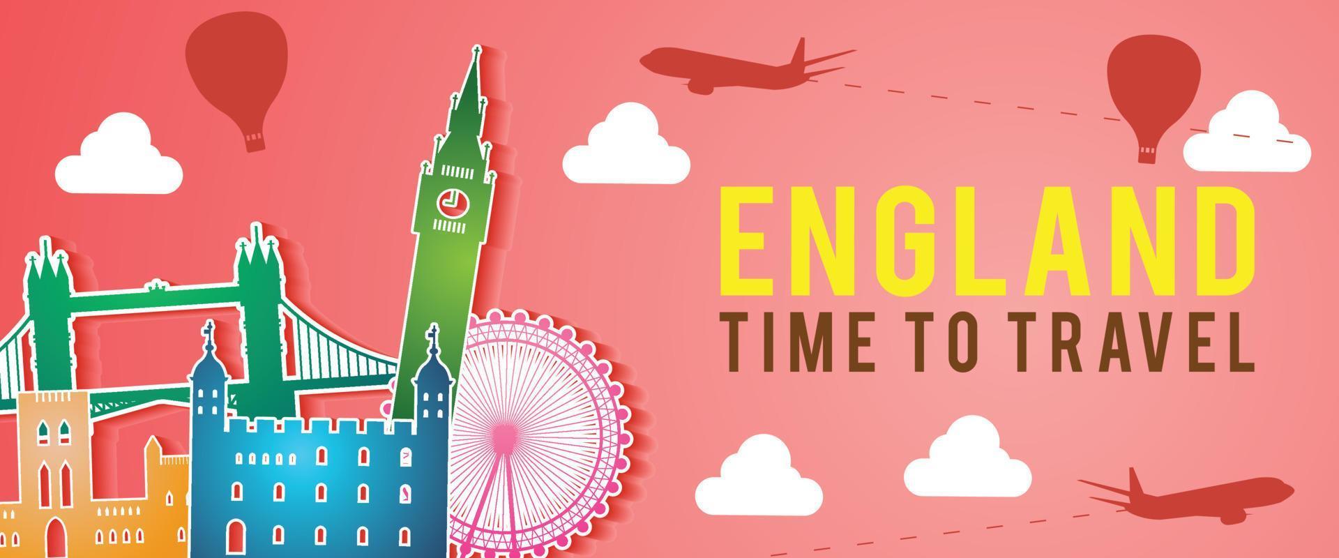 banner of England famous landmark silhouette colorful style,plane and balloon fly around with cloud vector