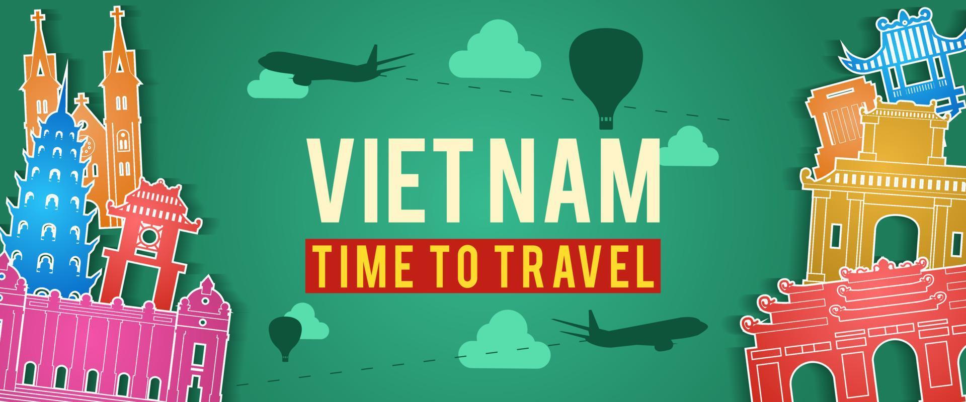 green banner of Vietnam famous landmark silhouette colorful style vector