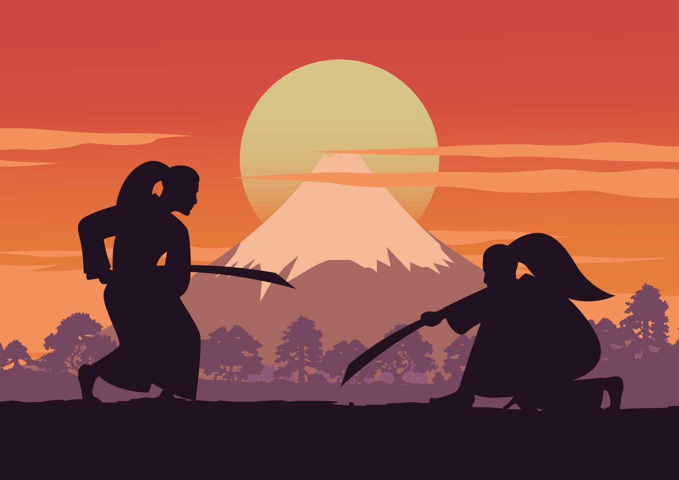 héroe marcial japonés, tren samurai luchan entre sí frente a la escultura del monte fuji en la hora del atardecer vector