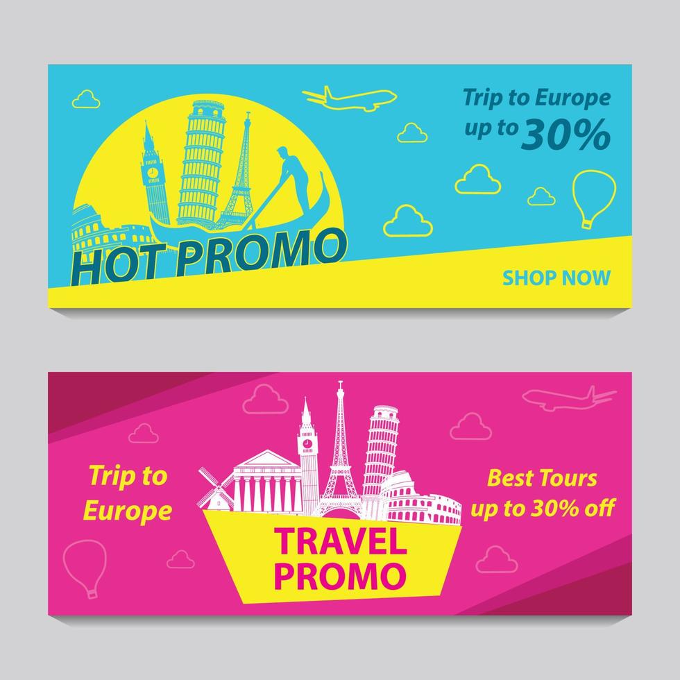 Bright and colorful promotion banner with pink and blue color for Europe travel,silhouette art design vector