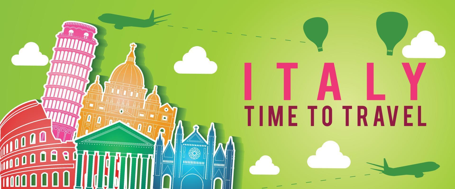 green banner of Italy famous landmark silhouette colorful style,plane and balloon fly around with cloud vector