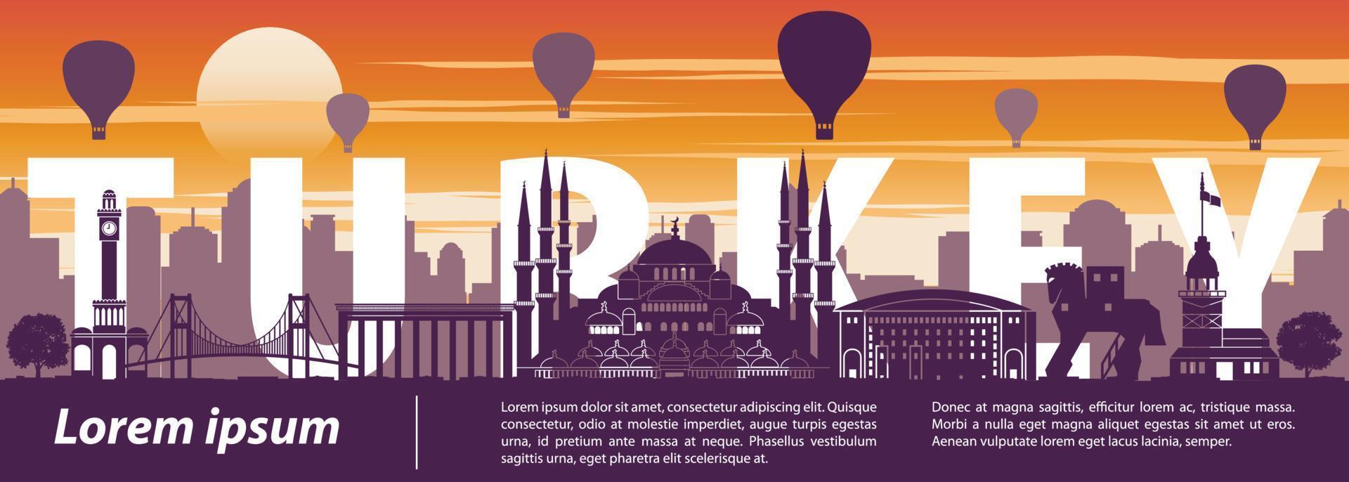 Turkey famous landmark silhouette style,text within,sunset time,balloon above vector