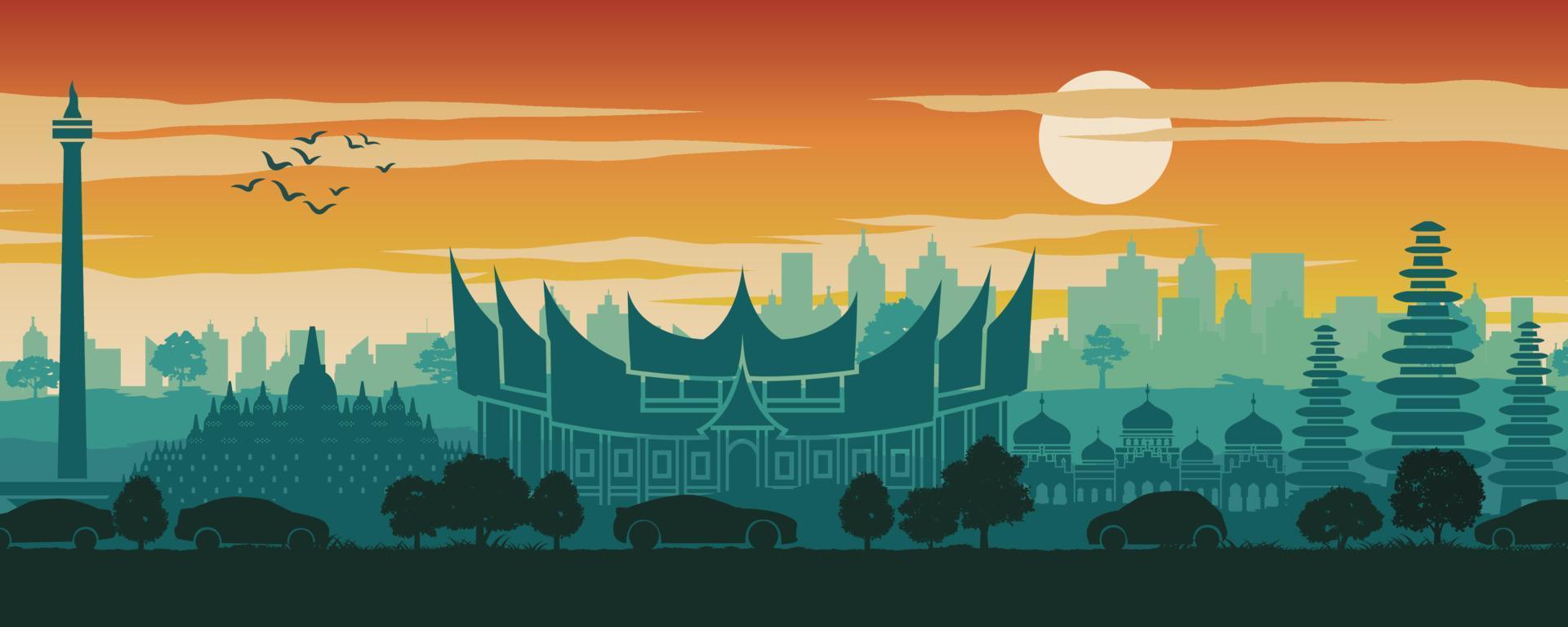 Indonesia famous landmark in scenery design,travel destination,silhouette design, sunset time in red and green color vector
