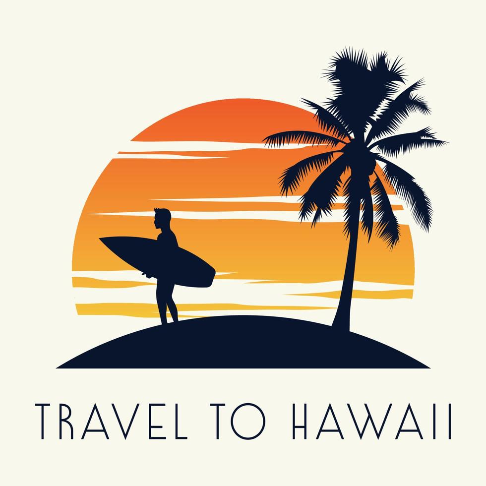 El hombre sostiene el soporte de la tabla de surf en la isla cercana a la palmera, a la hora del atardecer, color clásico y clásico, diseño de camiseta de silueta vector