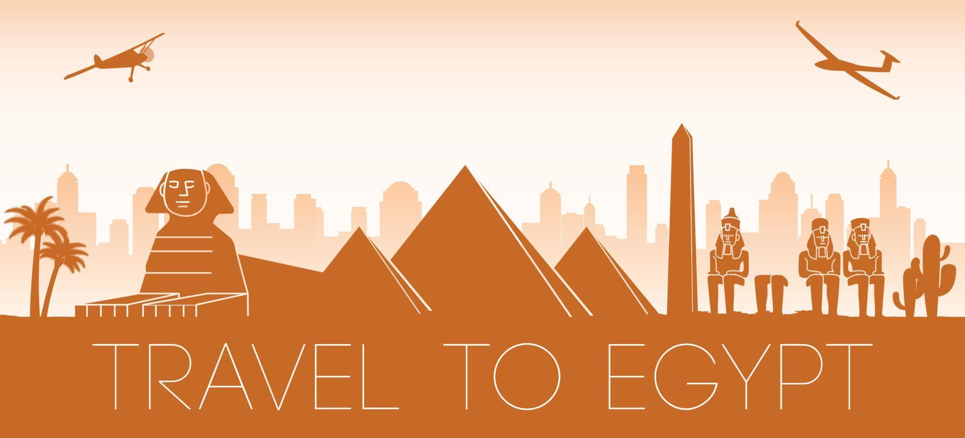 Egypt famous landmark by vintage plane fly over in orange and brown silhouette design vector