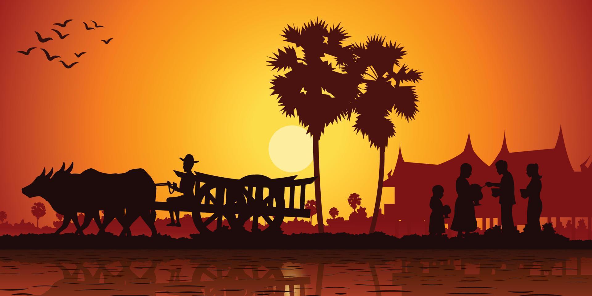 country life of Asia farmer ride cart to go to do work while monk receive food on sunrise time,silhouette style vector