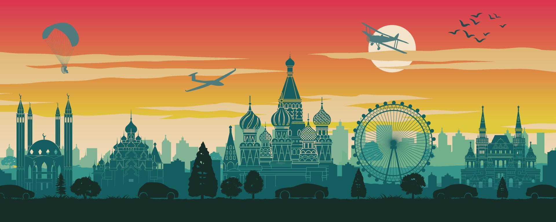 Russia famous landmark in scenery design,travel destination,silhouette design, sunset time in red and green color vector