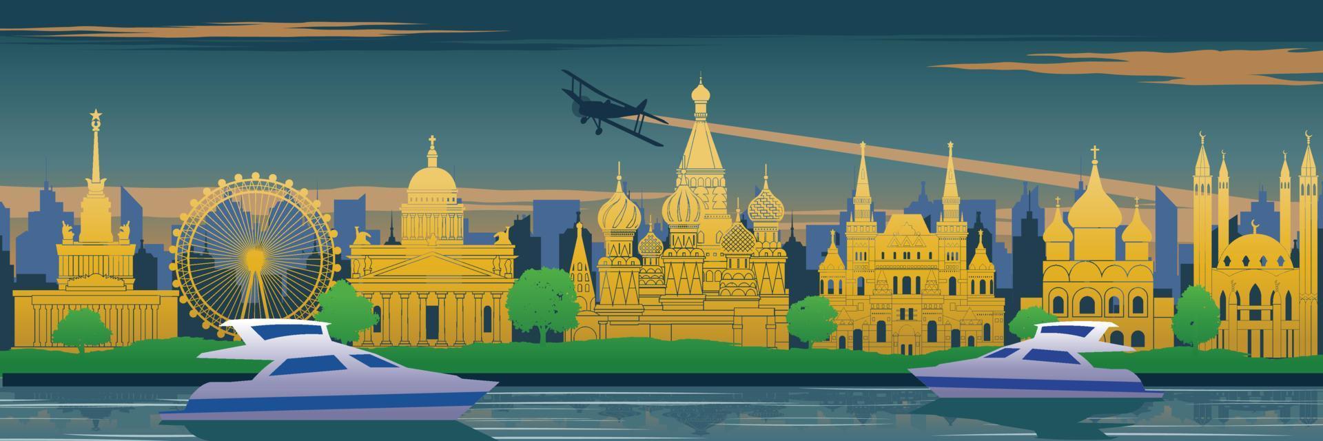 Rusia famoso monumento en la parte trasera del río y yate en diseño de paisaje, destino de viaje, diseño de silueta, color amarillo azul y verde vector