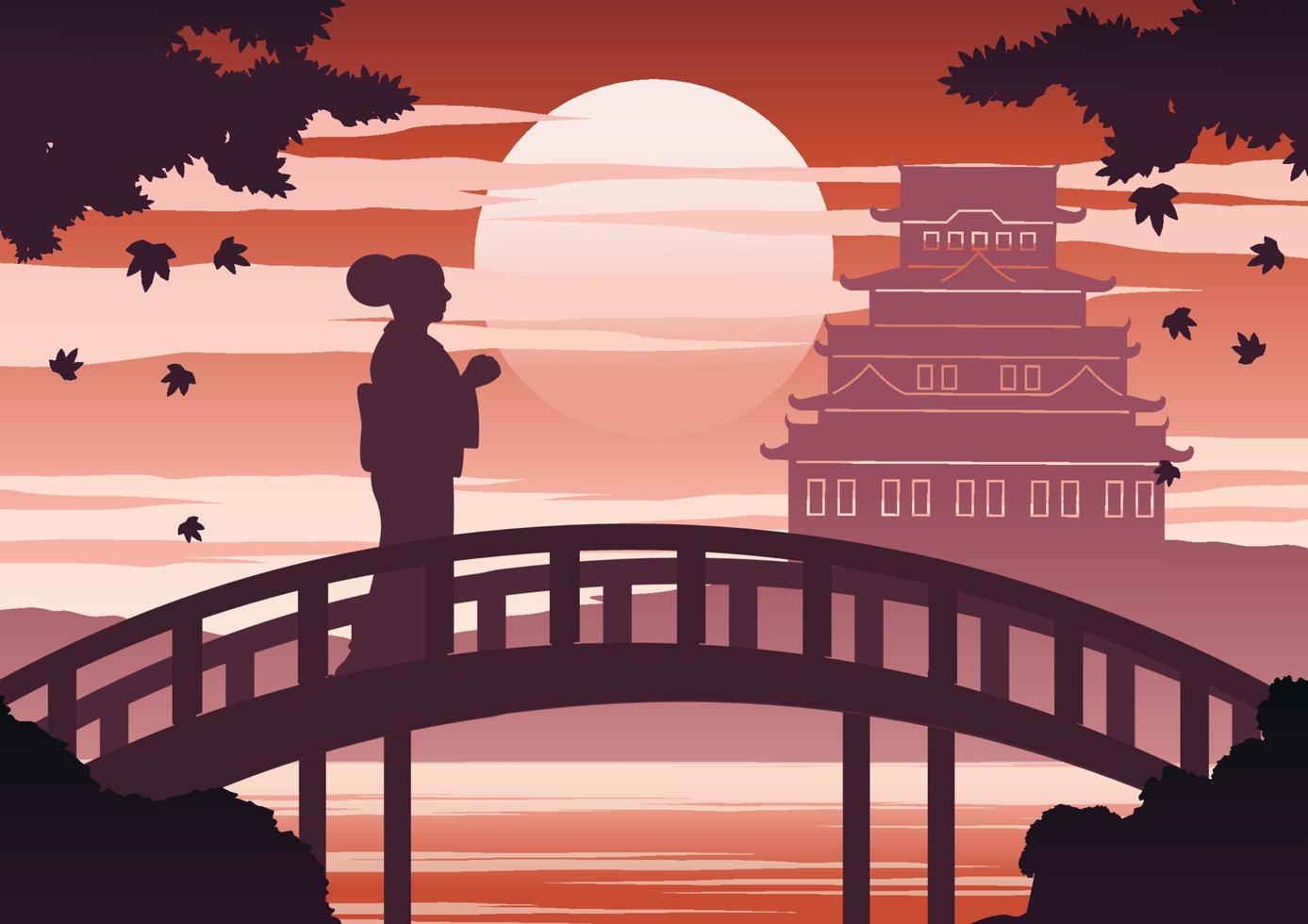 Mujer japonesa en vestido de kimono de pie en el puente cerca del castillo al atardecer mientras caen las hojas de arce, diseño de luces y sombras de silueta vector