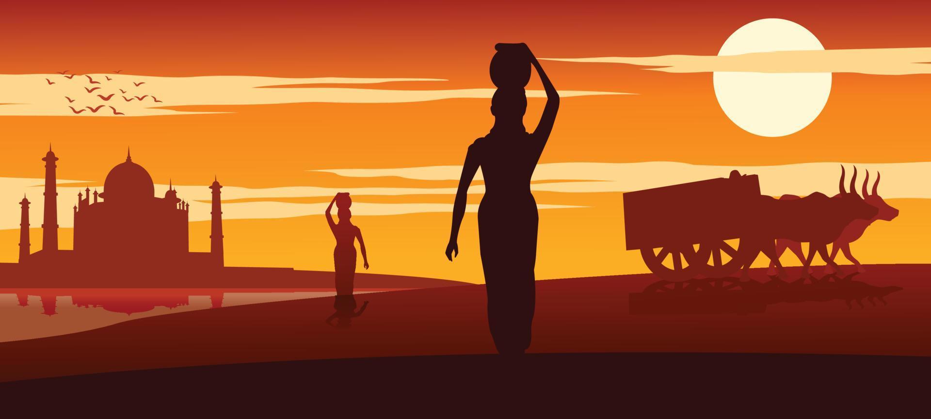 woman carry water for routine use from river while cart moves pass at sunset time vector