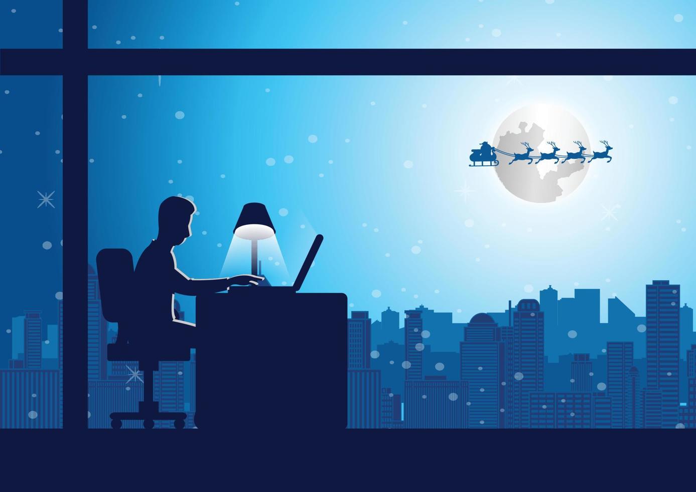 businessman does overtime work at office on christmas night while santa flies over city to send gift vector