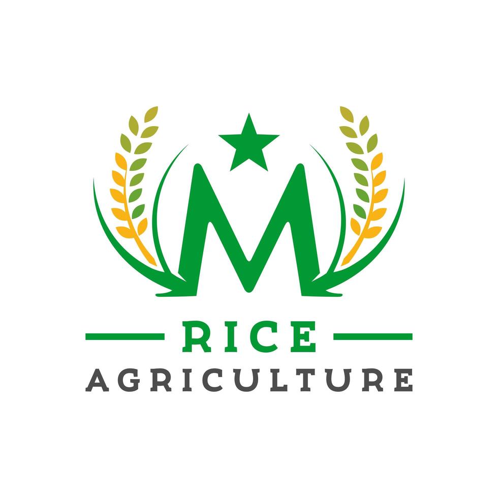 diseño del logo de la letra m del cultivo de arroz. vector