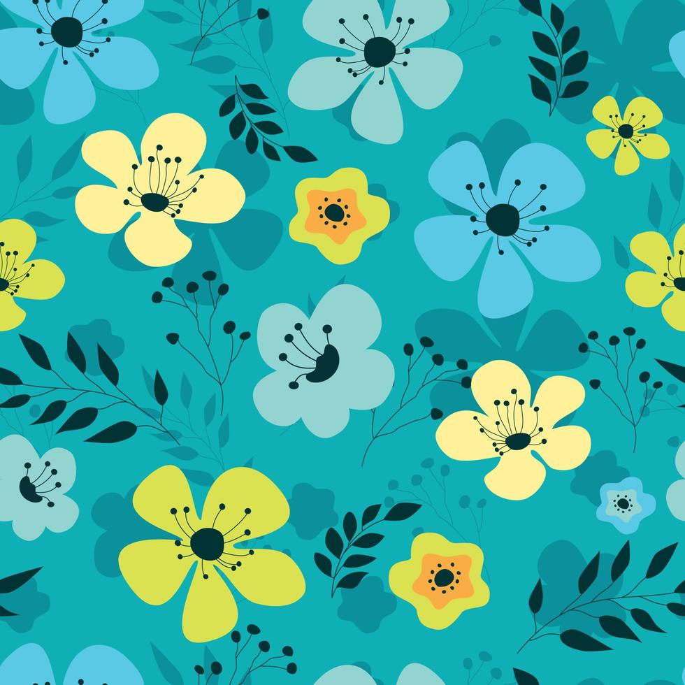 Spring Cool Blue and Yellow Flowers Seamless Pattern vector