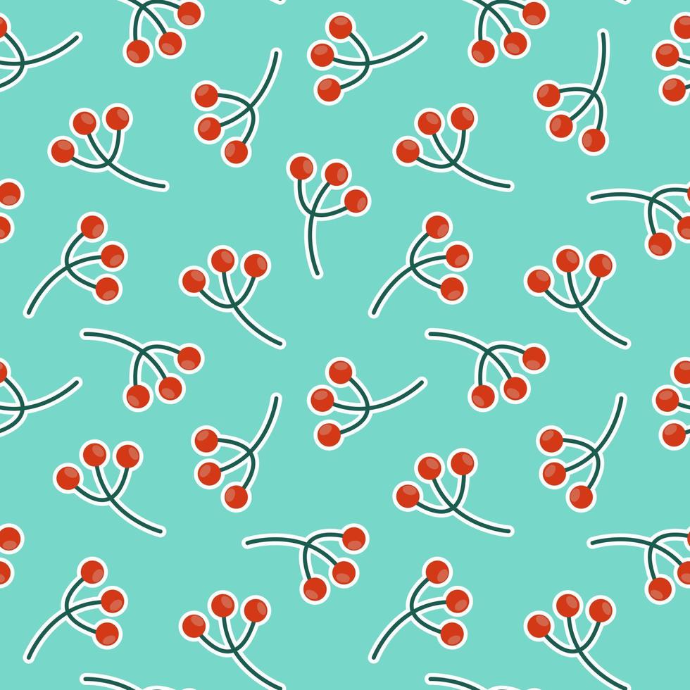 Winter vintage seamless pattern with rowan on turquoise background. vector