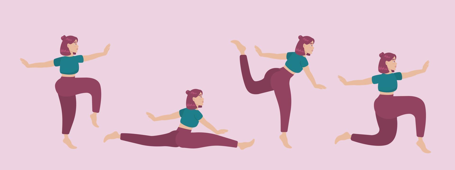 conjunto de siluetas vectoriales de mujer haciendo ejercicios de yoga. iconos de colores de una niña en muchas posturas de yoga diferentes aisladas sobre fondo rosa. complejo de yoga. entrenamiento de fitness. vector