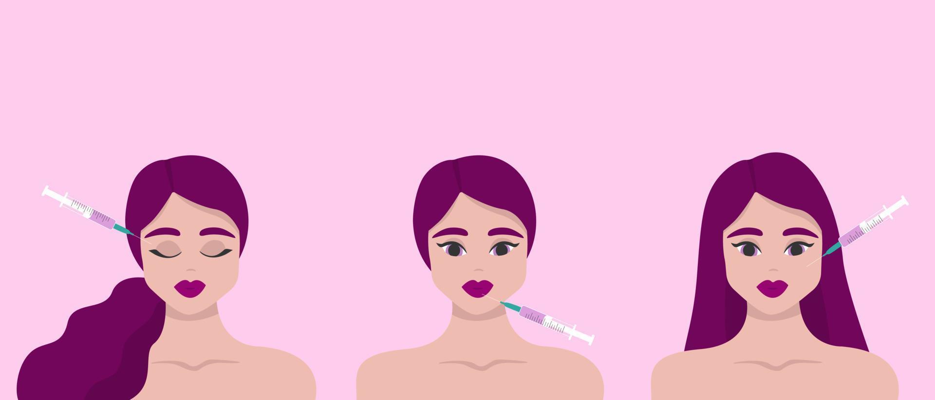 Beauty injection. Lip fillers, hyaluronic acid. Collection of girls in beauty industry. Cosmetic procedure and injection concept. Vector illustration.