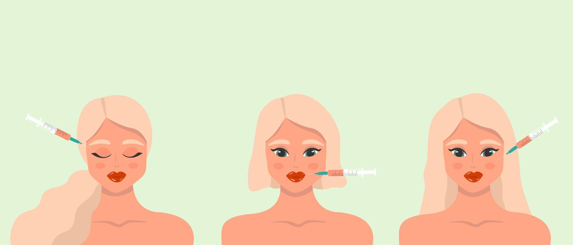 Beauty injection. Lip fillers, hyaluronic acid. Collection of girls in beauty industry. Cosmetic procedure and injection concept. Vector illustration.