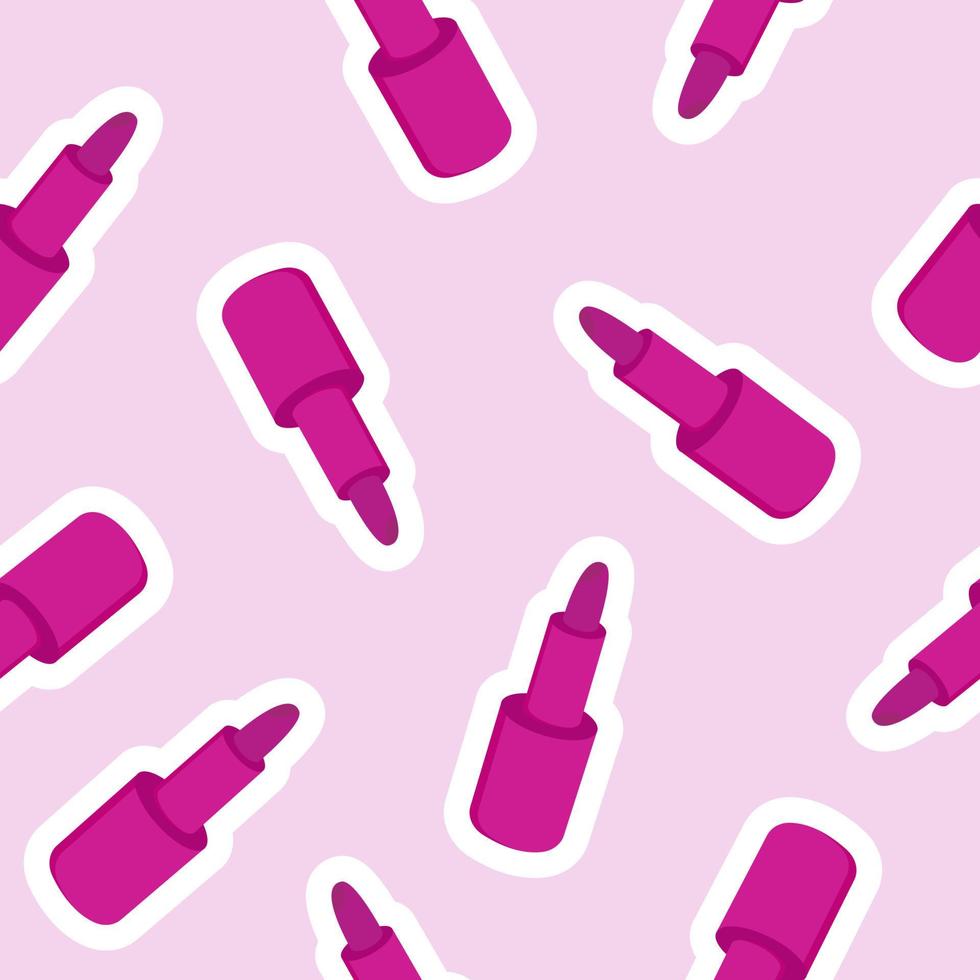 patrón transparente con iconos de pegatinas de lápiz labial sobre fondo rosa. cosméticos, girly, moda, concepto de maquillaje. vector ilustración plana.