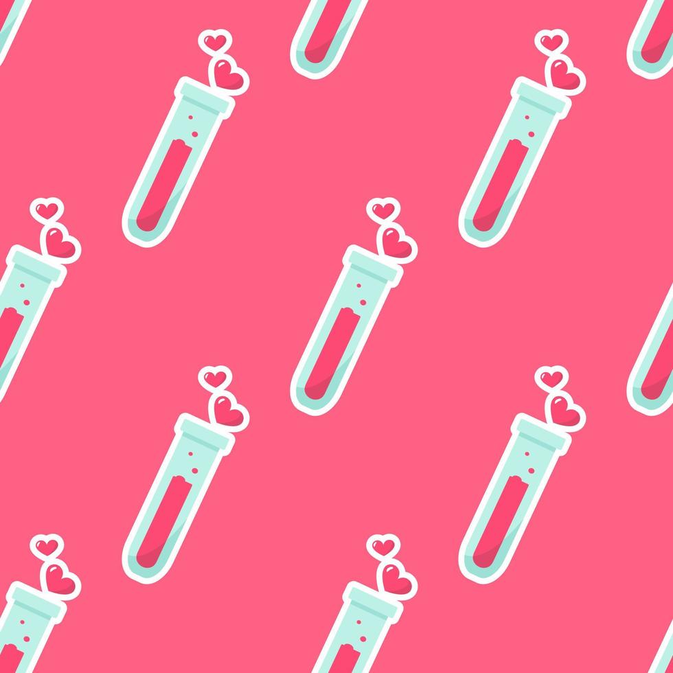 Happy Valentine's day seamless pattern. Test tube love fluid reaction laboratory bottle science romantic love theme. Heart shape. Love chemistry, elixir, potion seamless background. vector