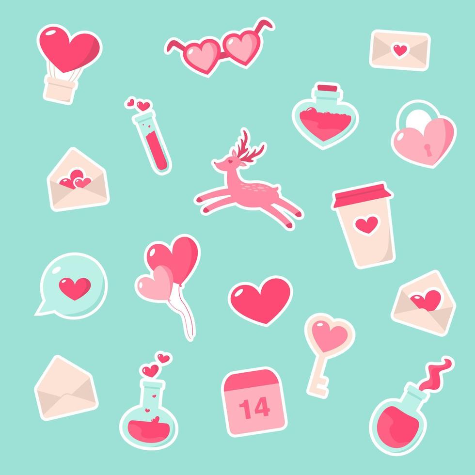 Set of valentine's day symbols on turquoise background. Valentines day pink flat icons - stickers. Symbols of love - heart, valentine, key, lock, message, glasses, bubble, elixir, envelope, balloons. vector