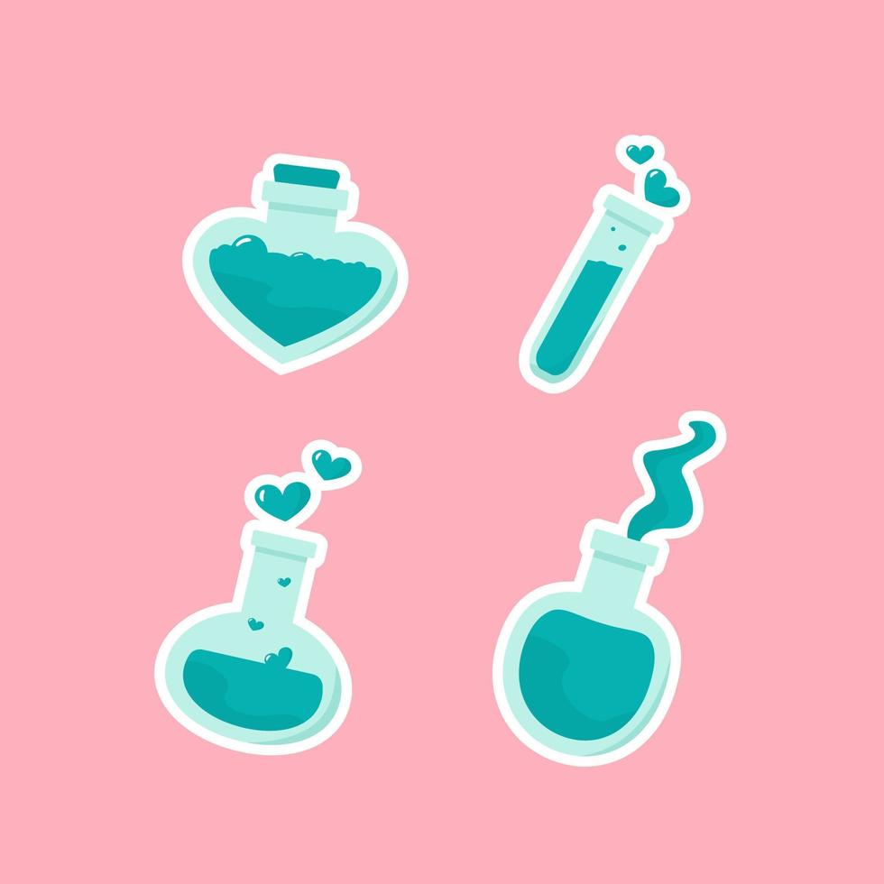 Set of cute bottle love potion and flask of magic elixir. Decoration for menu or postcard and poster for happy valentine's day. Test tube love fluid reaction laboratory bottle science, romantic theme. vector