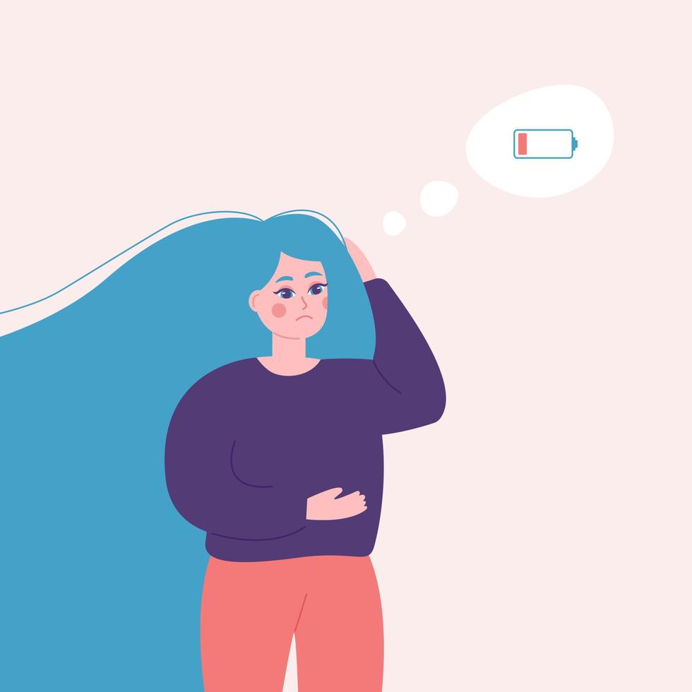 Tired girl with discharged battery in the speech bubble. Sad girl is in emotional burnout. Mental health, disorder, depressed. The concept of psychological problems. Flat vector illustration.