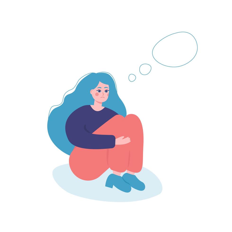 Sad thinking girl with speech bubble. Emotion, face, expression, mental stress, depression, boredom, frustration, fatigue concept. Young unhappy sad frustrated depressed woman. vector