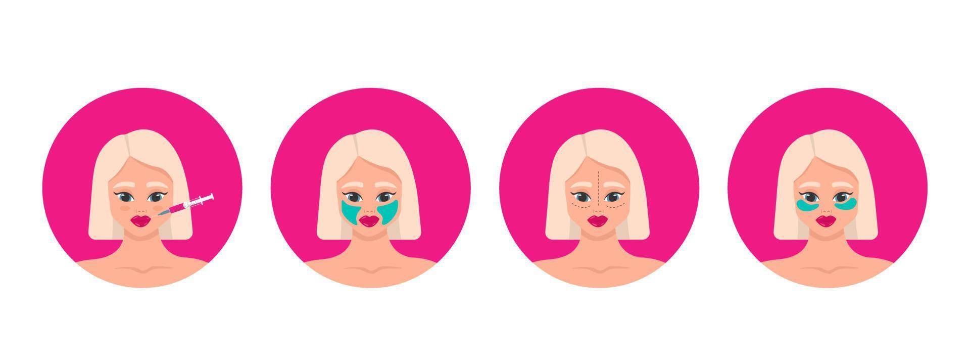 Cosmetology beauty injection procedures. Plastic surgery, lip fillers, hyaluronic acid, eye patches, face mask. Collection of girls in beauty industry. Vector illustration.