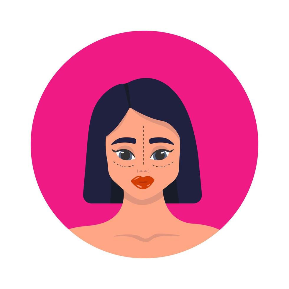 Plastic surgery, beauty injection, change of appearance, line of incisions on the female face vector