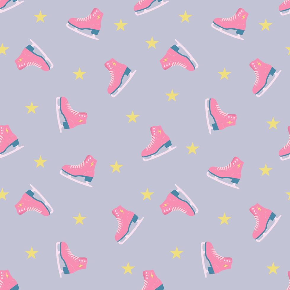 Christmas and New Year seamless pattern. Blue background with pink skates in vector. Gift wrapping paper. vector