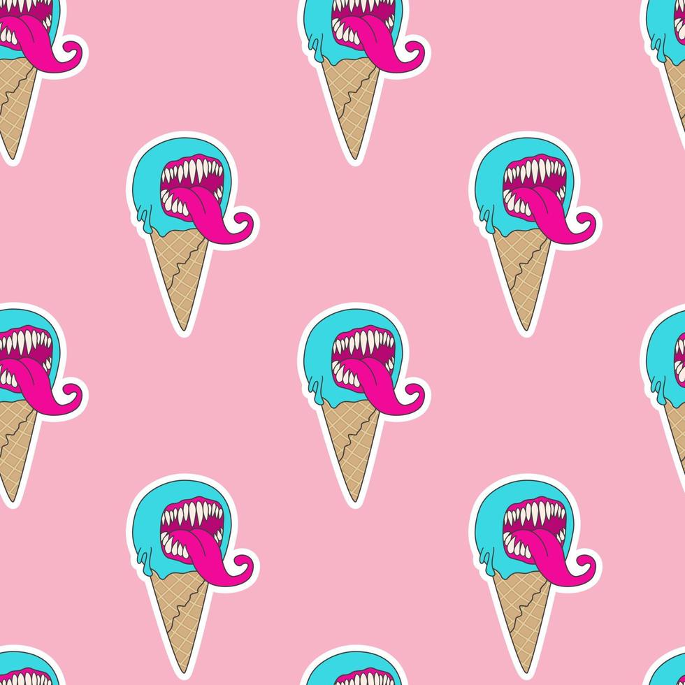 Monster ice cream cone. Trick or treat Halloween party vector pattern.