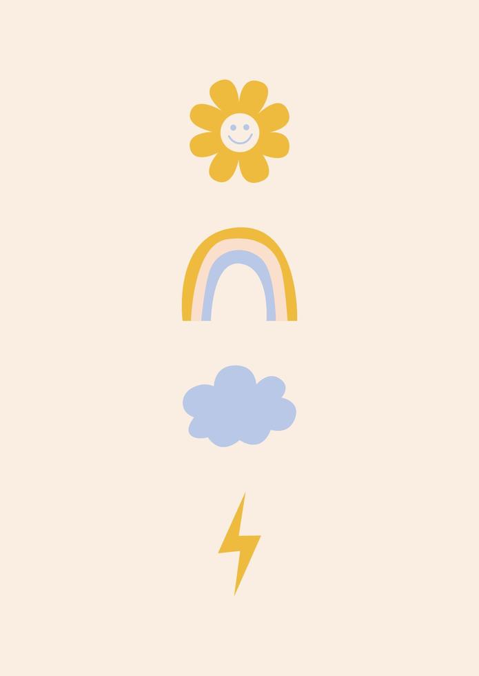 Set of cute vector elements including a flower, rainbow, cloud and lightning
