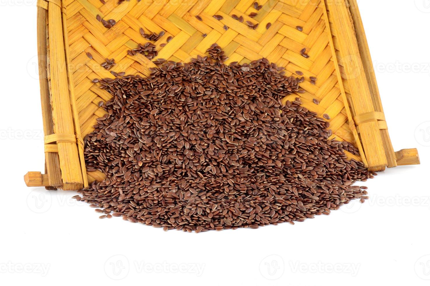 Close up of Flax Seeds in wooden basket on white background photo