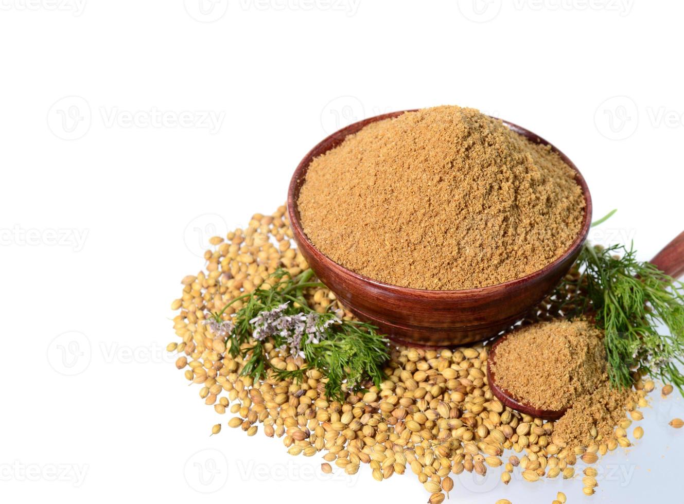 Coriander seeds, Fresh Coriander and Powdered coriander isolated on white background. photo