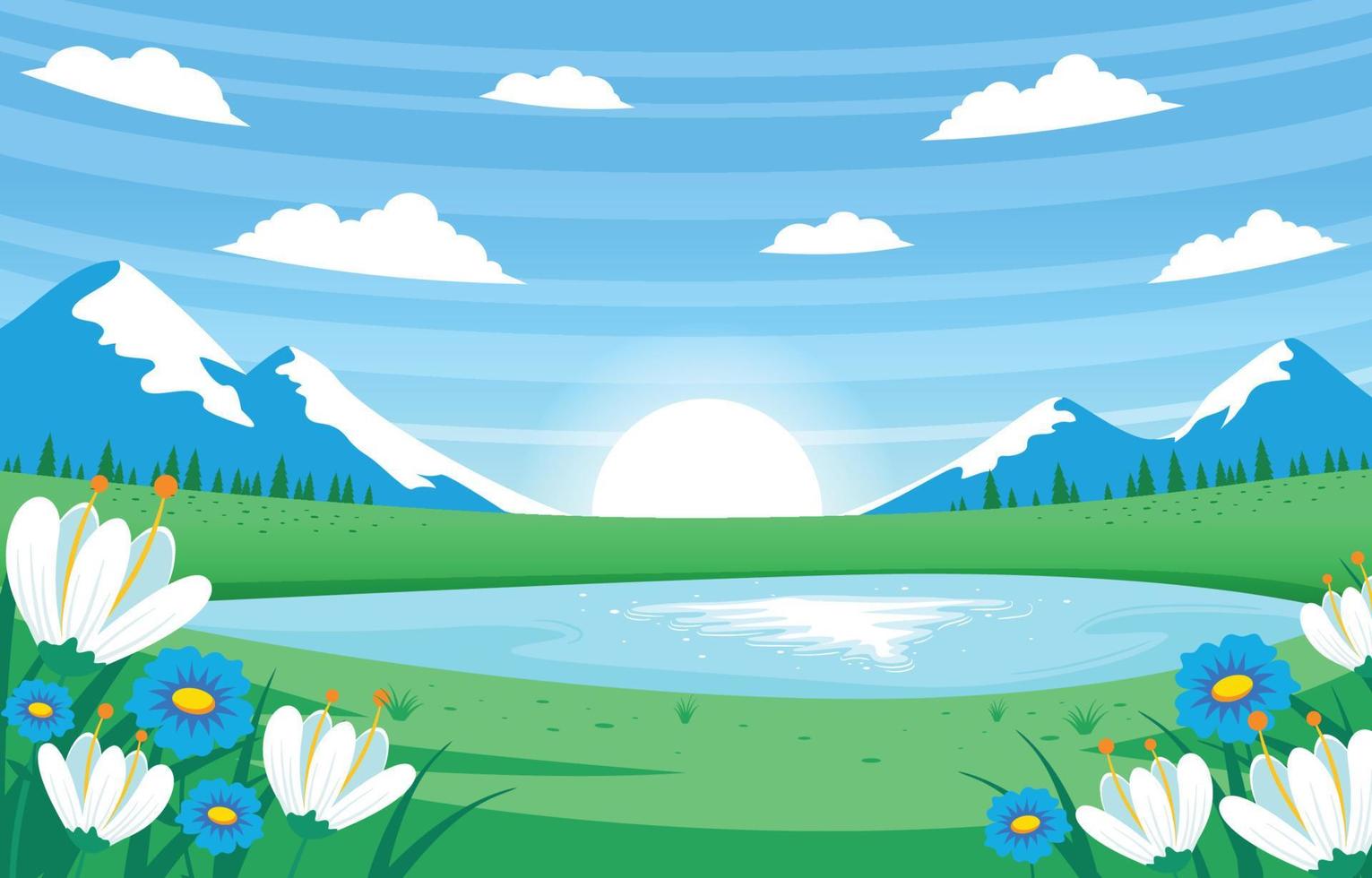 primavera con lago y montaña vista de paisaje de fondo vector