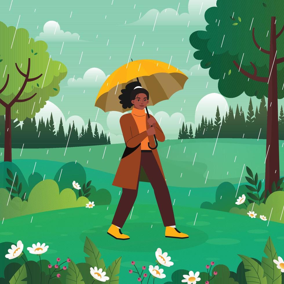 niña camina bajo el paraguas en la ducha de lluvia de primavera vector
