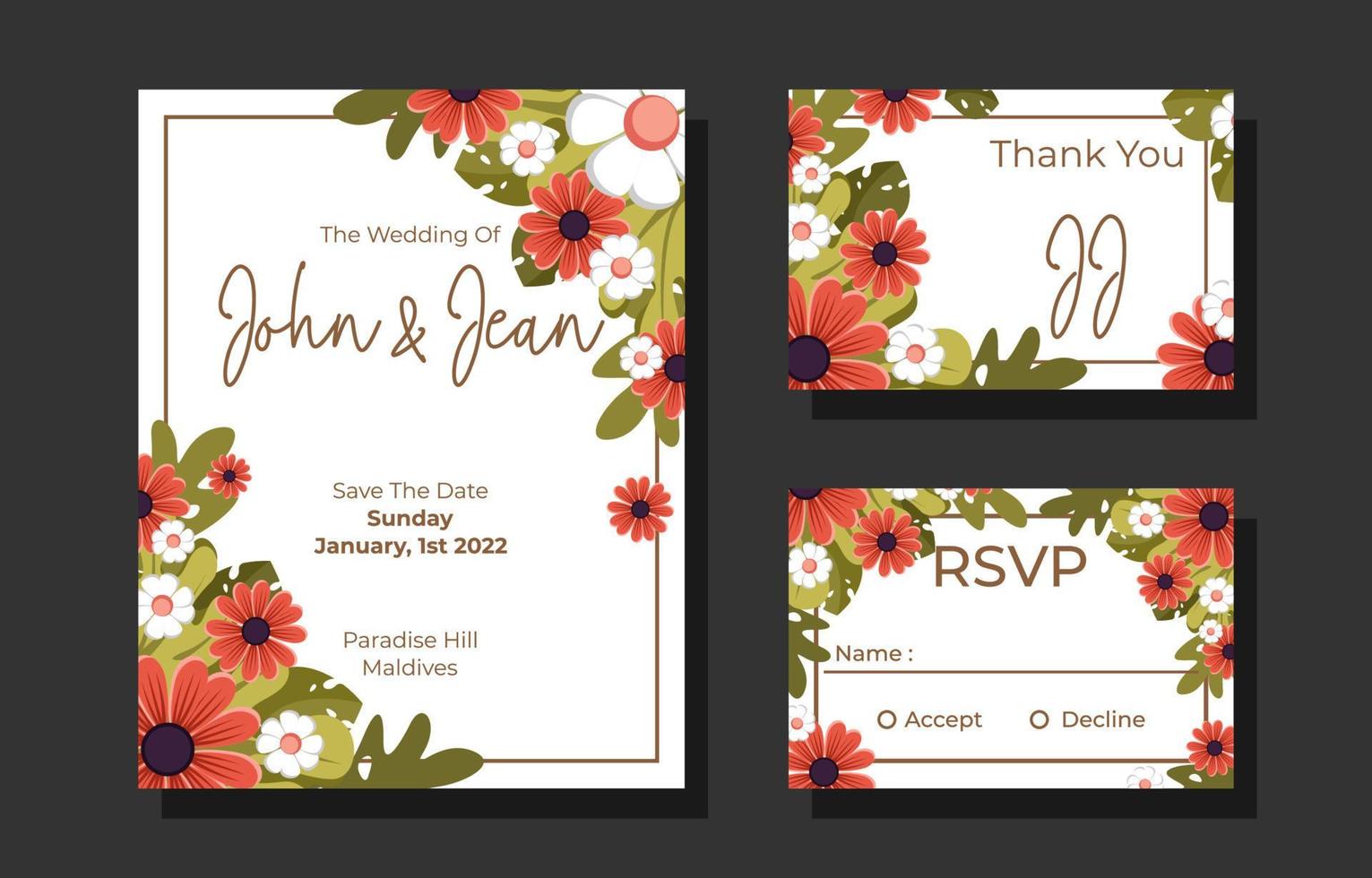 Floral Ornament Wedding Invitation Template Set vector