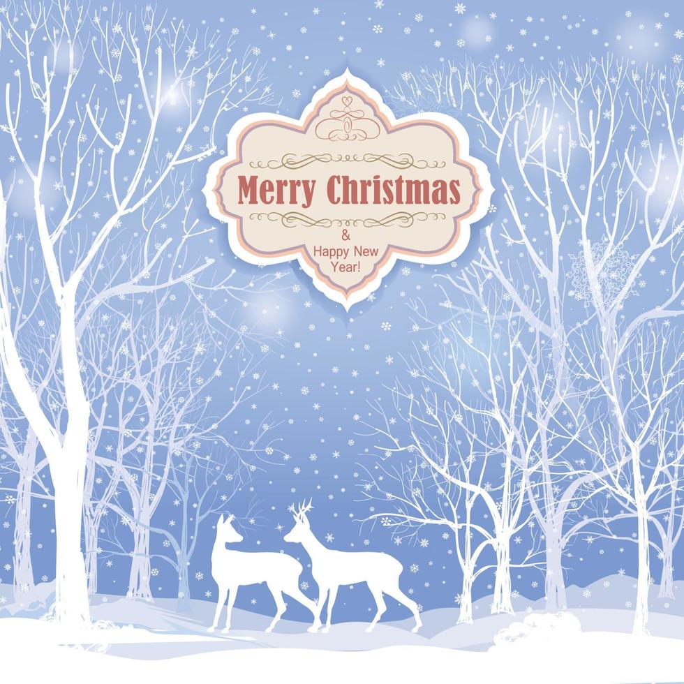 Snow winter landscape with deers silhouette. Merry Christmas holiday greeting card background with snowy winter forest. Christmas wallpaper with copy space. vector