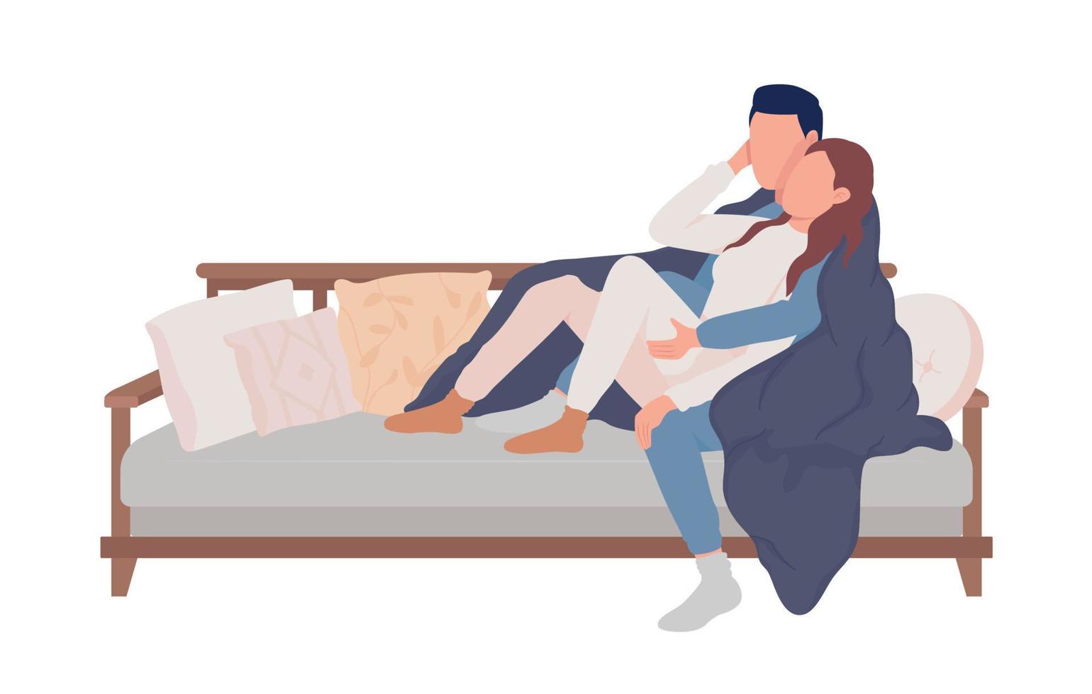 Couple resting on sofa semi flat color vector characters