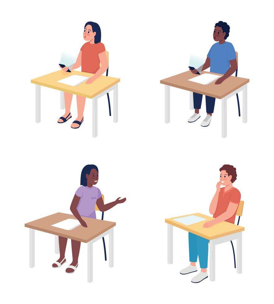 Pupils sitting at desks semi flat color vector characters set