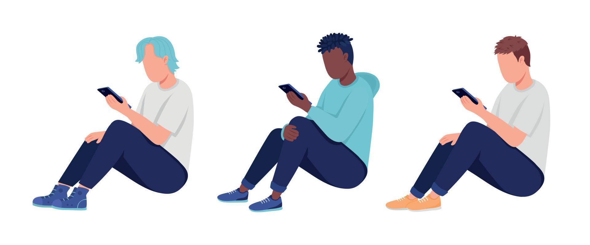 Teenagers addicted to phones semi flat color vector characters set