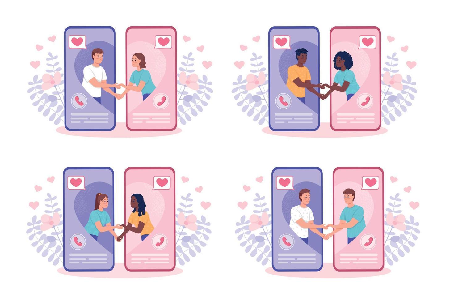 Finding ideal partner through dating app flat concept vector illustrations set