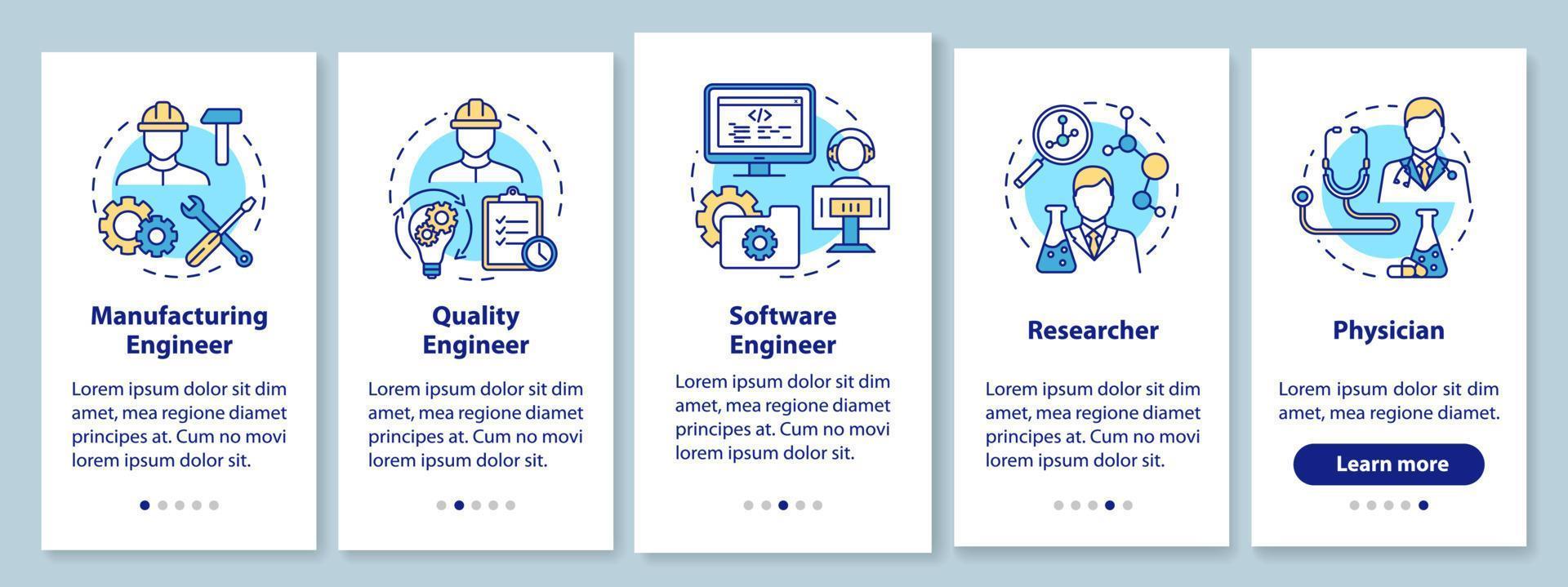 Bioengineering jobs onboarding mobile app page screen with linear concepts. Researcher and physician. Five walkthrough steps graphic instructions. UX, UI, GUI vector template with illustrations