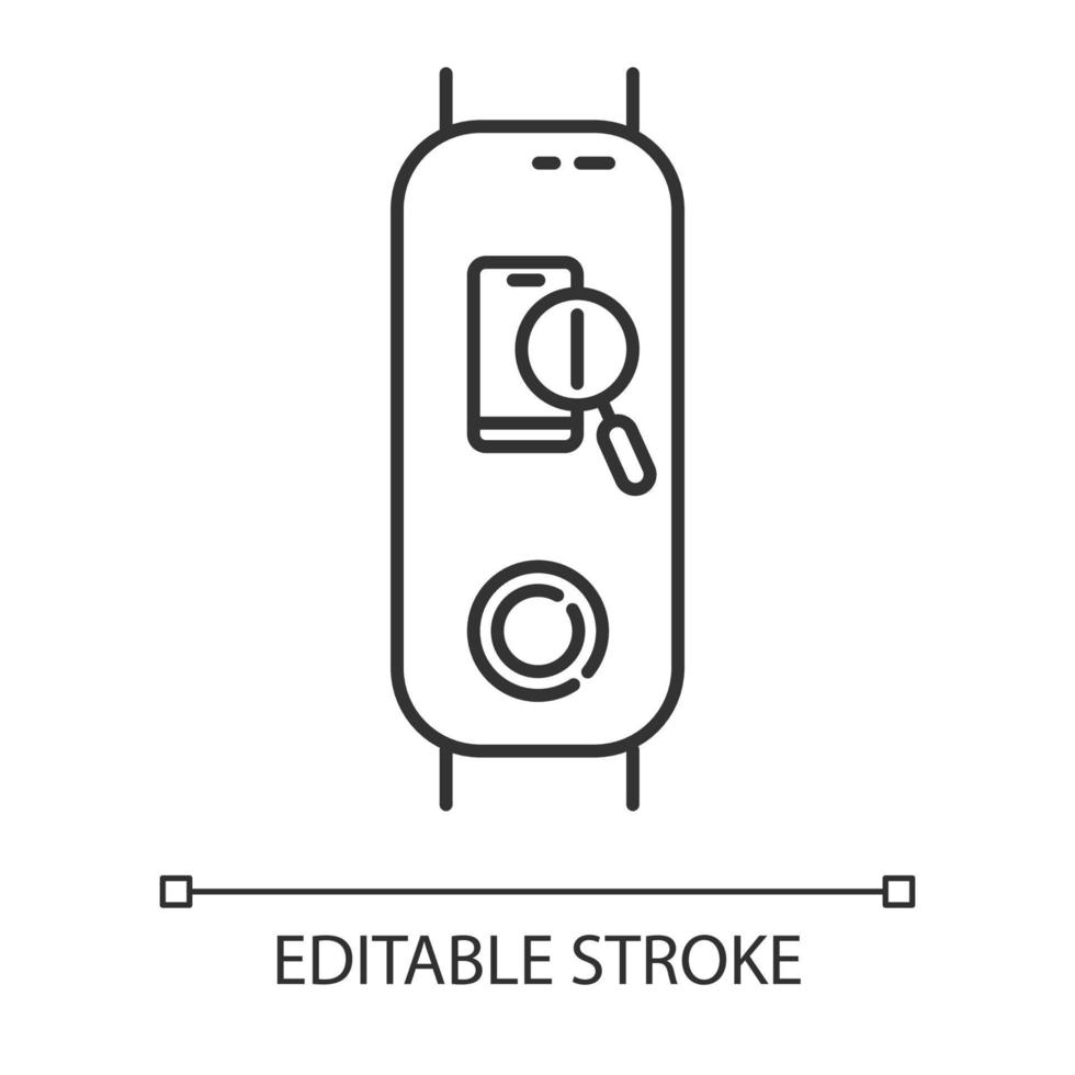 Fitness tracker with smartphone finder linear icon. Wellness gadget with lost cellphone location function. Thin line illustration. Contour symbol. Vector isolated outline drawing. Editable stroke