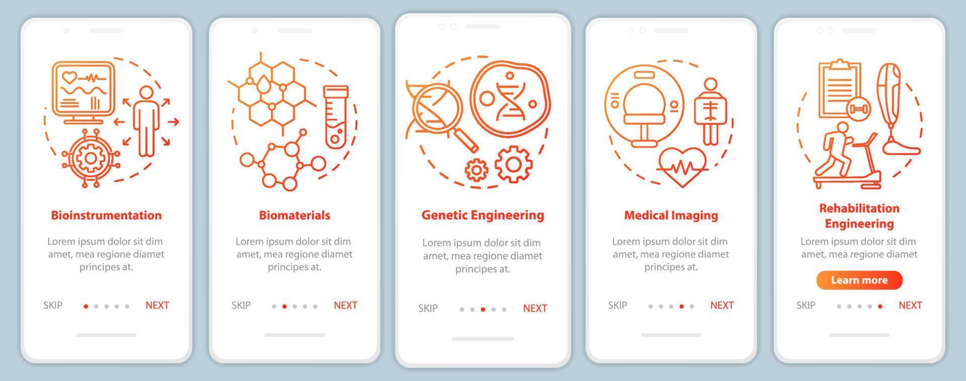plantilla de vector de pantalla de página de aplicación móvil de incorporación de bioingeniería. imagenes medicas. paso a paso del sitio web con ilustraciones lineales. bioinstrumentación. concepto de interfaz de teléfono inteligente ux, ui, gui