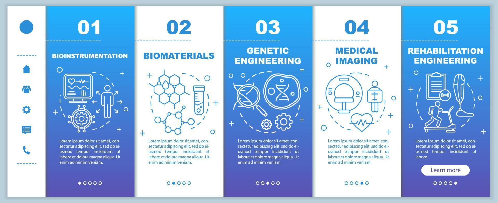 Bioengineering onboarding mobile web pages vector template. Responsive smartphone website interface idea with linear illustrations. Bioinstrumentation. Webpage walkthrough step screens. Color concept