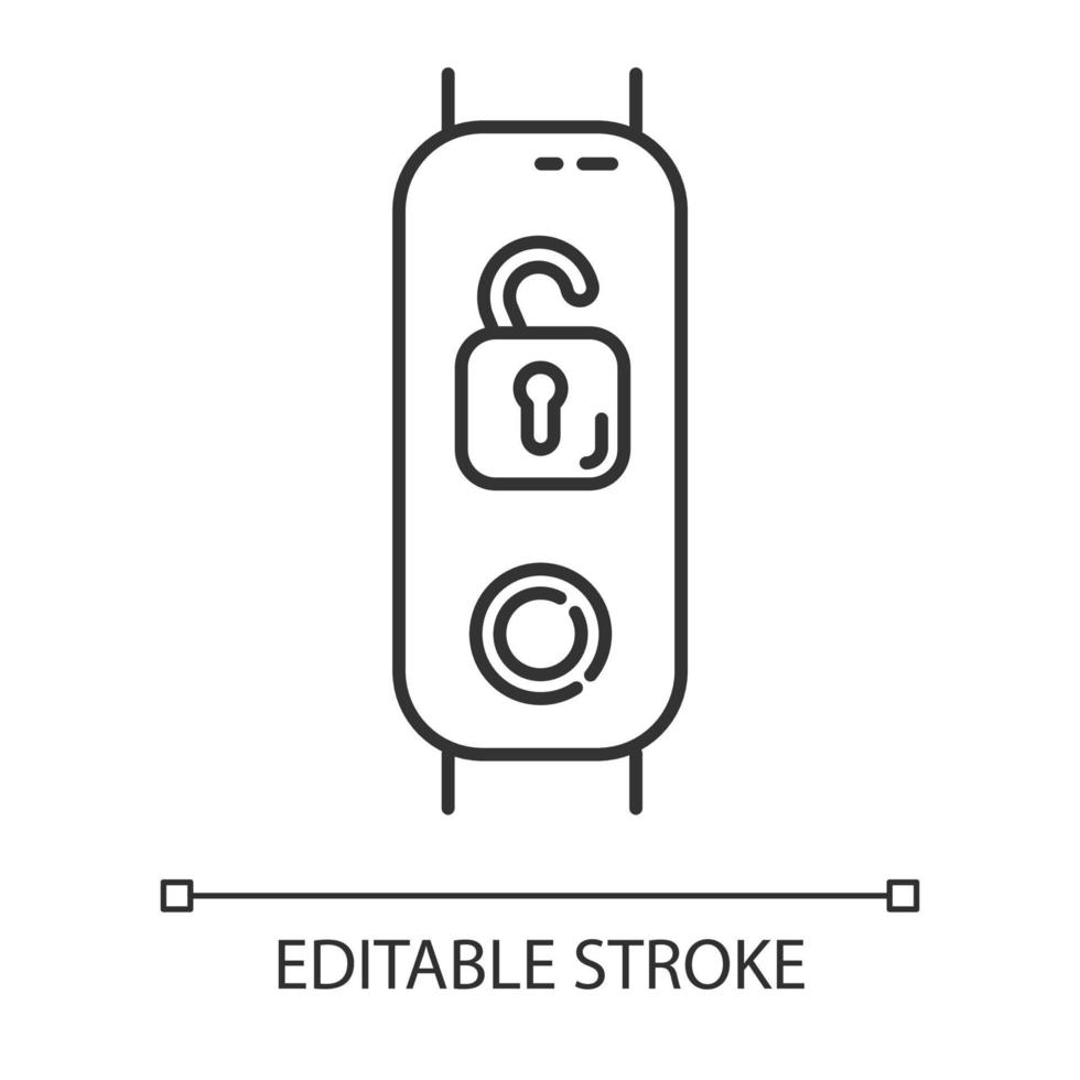Fitness tracker with open padlock linear icon. Wearable wellness device with remote unlocking function.Thin line illustration. Contour symbol. Vector isolated outline drawing. Editable stroke