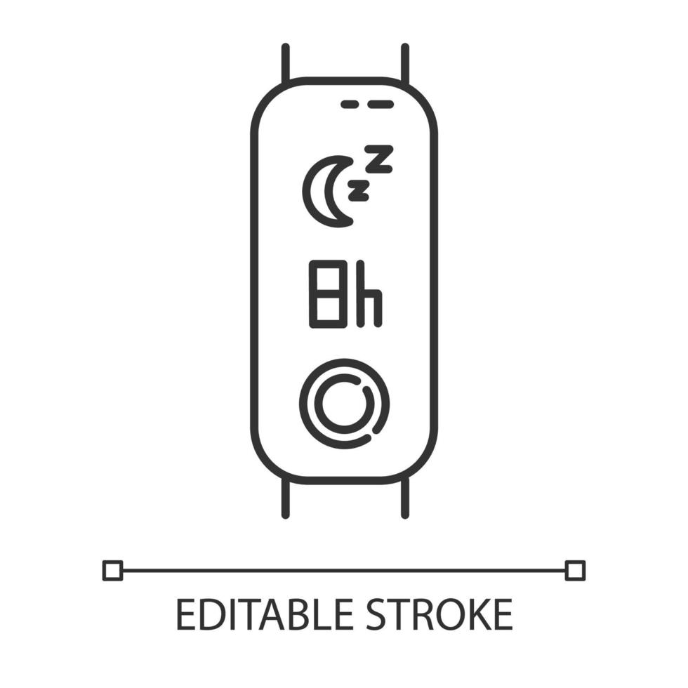 Fitness tracker with sleep time indication linear icon. Healthy lifestyle gadget for monitoring night rest duration. Thin line illustration. Contour symbol. Vector isolated drawing. Editable stroke